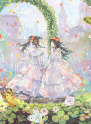 Rule 34 | 2girls, arch, arms at sides, artist request, black hair, blue eyes, brown eyes, bug, building, butterfly, character request, cityscape, claris (group), clover, day, dress, falling petals, floral arch, flower, four-leaf clover, frilled dress, frills, full body, grass, hair flower, hair ornament, high ponytail, highres, holding hands, insect, long dress, long hair, long sleeves, multiple girls, petals, profile, wedding dress, white dress