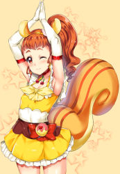 Rule 34 | 10s, 1girl, ;), animal ears, arisugawa himari, armpits, blush, bow, cherry, choker, cure custard, dress, elbow gloves, food, food-themed hair ornament, fruit, gloves, hair ornament, kamishiro ryuu, kirakira precure a la mode, long hair, looking at viewer, magical girl, one eye closed, orange eyes, orange hair, own hands clasped, own hands together, ponytail, precure, red bow, red eyes, red hair, smile, solo, squirrel ears, squirrel tail, tail, wink, yellow dress