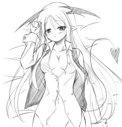 Rule 34 | 1girl, :&lt;, bat wings, blush, bottomless, breasts, buttons, collarbone, demon tail, dress shirt, from above, greyscale, groin, head tilt, head wings, koa (phrase), koakuma, long hair, long sleeves, looking at viewer, lying, medium breasts, mizuno kurage, monochrome, navel, open clothes, open shirt, open vest, out-of-frame censoring, pantyhose, pointy ears, shirt, side slit, simple background, sketch, smile, solo, tail, touhou, upper body, very long hair, vest, white background, wings