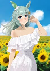 Rule 34 | 1girl, alternate costume, alternate hair length, alternate hairstyle, animal ears, bare shoulders, blue eyes, blue sky, blush, breasts, cloud, cloudy sky, commentary request, cowboy shot, dress, ear covers, field, flower, flower field, grey hair, grin, hair between eyes, hair ornament, hairclip, highres, horse ears, horse girl, kumabachi315, long hair, looking at viewer, outdoors, seiun sky (umamusume), single ear cover, sky, small breasts, smile, solo, strapless, strapless dress, sunflower, sunflower field, umamusume, white dress