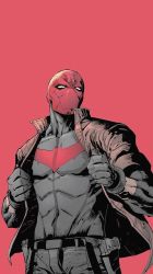 Rule 34 | batman (series), dc comics, highres, jacket, jason todd, mask, red background, red hood, red hood (dc), simple background