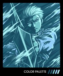Rule 34 | 1boy, archer (fate), arrow (projectile), blue theme, bow (weapon), drawing bow, fate/stay night, fate (series), holding bow (weapon), limited palette, male focus, monochrome, rswork, solo, weapon