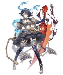 Rule 34 | 1girl, alice (sinoalice), armor, armored dress, blue hair, chain, cleavage cutout, clothing cutout, dark blue hair, dress, frilled dress, frills, full body, gold trim, hairband, ji no, looking at viewer, navel, navel cutout, official art, red eyes, reverse grip, short hair, sinoalice, smoke, solo, sword, tattoo, thighhighs, transparent background, weapon