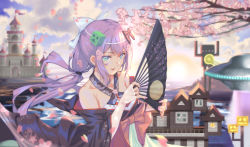 Rule 34 | 1girl, absurdres, bare shoulders, black kimono, blue sky, bow, castle, copyright request, creeper, criss-cross halter, day, fingerless gloves, fingernails, folding fan, gloves, green eyes, hair bow, halterneck, hand fan, headband, highres, holding, holding fan, japanese clothes, kamkac, kimono, long hair, looking at viewer, low twintails, minecraft, nail polish, nijisanji, ocean, off shoulder, outdoors, parted lips, pink nails, purple hair, red bow, sakura ritsuki, sheer gloves, sky, smile, solo, twintails, ufo, upper body, virtual youtuber, white bow, white gloves