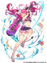 Rule 34 | 1girl, :d, ahoge, armpits, arms up, bare arms, bare legs, bare shoulders, bead bracelet, beads, bikini, bikini skirt, bracelet, diffraction spikes, electric guitar, closed eyes, facing viewer, fish, floating hair, flower, frilled bikini, frills, guitar, hair flower, hair ornament, holding, holding instrument, instrument, jewelry, knee up, kt. (kaisou-notagui), mahou tsukai to kuroneko no wiz, midriff, nail polish, navel, official art, open mouth, pink hair, sandals, simple background, smile, solo, swimsuit, thigh strap, toenail polish, toenails, twintails, v-shaped eyebrows, water, watermark, white background