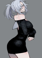 Rule 34 | 1girl, absurdres, ass, back cutout, bare shoulders, black dress, blue eyes, breasts, clothing cutout, cowboy shot, dress, from side, gills, grey background, grey hair, grin, hair over one eye, highres, large breasts, long sleeves, looking at viewer, looking to the side, medium hair, off-shoulder dress, off shoulder, one eye covered, original, ponytail, ratatatat74, shark fin, shark girl, sharp teeth, short dress, sidelocks, simple background, smile, solo, standing, teeth