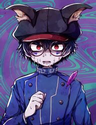 Rule 34 | 1boy, animal ears, animal hat, black hair, black hat, blue jacket, cabbie hat, commentary request, distortion, drooling, facial mark, fake animal ears, feathers, glasses, hair between eyes, hat, highres, jacket, long sleeves, looking at viewer, maguro no yukke, male focus, master detective archives: rain code, mouth drool, open mouth, red-framed eyewear, red eyes, round eyewear, scared, shaded face, short hair, solo, sweat, sweatdrop, upper body, v-shaped eyebrows, zilch alexander