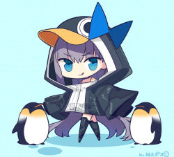 Rule 34 | 1girl, :q, animal, animal hood, bird, black jacket, blue background, blue bow, blue eyes, bow, chibi, closed mouth, colored shadow, commentary request, fate/grand order, fate (series), hair between eyes, hood, hood up, hooded jacket, jacket, long hair, looking at viewer, meltryllis, meltryllis (fate), meltryllis (swimsuit lancer) (fate), meltryllis (swimsuit lancer) (first ascension) (fate), penguin, penguin hood, polka dot, polka dot background, purple hair, shadow, signature, smile, solo, standing, tongue, tongue out, v-shaped eyebrows, very long hair, yuzuki gao