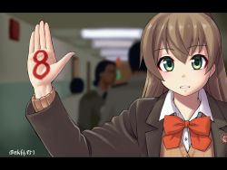Rule 34 | 1girl, blurry, blurry background, bow, bowtie, brown hair, brown jacket, brown vest, collared shirt, depth of field, ebifly, green eyes, jacket, kantai collection, kumano (kancolle), letterboxed, long hair, long sleeves, looking at viewer, orange bow, orange bowtie, parted lips, shirt, solo, solo focus, twitter username, vest, white shirt, wing collar