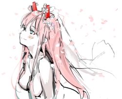 Rule 34 | 10s, 1girl, anmi, blue eyes, blush, breasts, closed mouth, commentary request, darling in the franxx, eyeshadow, from side, horns, long hair, makeup, medium breasts, nude, petals, pink hair, sketch, smile, solo, veil, zero two (darling in the franxx)