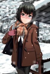 Rule 34 | 1girl, absurdres, bag, black pantyhose, black shirt, black skirt, blurry, blurry background, blush, breath, brown jacket, brown scarf, closed mouth, day, depth of field, fringe trim, glasses, gloves, highres, hood, hood down, hooded jacket, jacket, long sleeves, looking at viewer, matsunaga kouyou, nose blush, original, outdoors, pantyhose, plaid, plaid scarf, pleated skirt, purple-framed eyewear, red gloves, scarf, school bag, school uniform, shirt, skirt, sleeves past wrists, snow, snowing, solo