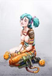 Rule 34 | 1girl, aqua hair, artist name, asymmetrical clothes, bad id, bad pixiv id, bandaid, bandaid on face, blue eyes, blue footwear, blue hair, boots, breasts, breasts out, bulma, character name, collarbone, dragon ball, dragon ball (object), eyeshadow, full body, gloves, goggles, goggles around neck, gun, hair ribbon, highres, knee pads, looking at viewer, makeup, matching hair/eyes, nipples, one eye closed, open mouth, orange gloves, paulo barrios, ribbon, seiza, side ponytail, single pantsleg, single sleeve, sitting, smile, solo, submachine gun, weapon