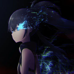 Rule 34 | 1girl, absurdres, bare back, bare shoulders, bikini, bikini top only, black rock shooter, black rock shooter: dawn fall, black rock shooter (character), blue eyes, breasts, close-up, closed mouth, commentary, commentary request, crossed bangs, drawdream1025, english commentary, eyebrows hidden by hair, from side, highres, long hair, multicolored background, partial commentary, sidelocks, small breasts, solo, swimsuit, twintails, upper body