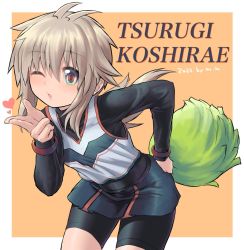 Rule 34 | 1girl, antenna hair, artist name, bike shorts, bike shorts under skirt, black shirt, black shorts, black skirt, blowing kiss, border, character name, cheerleader, commentary request, dated, green eyes, hair between eyes, hand on own hip, heart, highres, holding, koshirae tsurugi (m.m), leaning forward, long hair, long sleeves, looking at viewer, low ponytail, m.m, one eye closed, orange background, original, parted lips, pleated skirt, pom pom (cheerleading), ponytail, shirt, short shorts, shorts, skirt, sleeveless, sleeveless shirt, solo, turtleneck, white border, white shirt