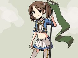 Rule 34 | 10s, 1girl, brown eyes, brown hair, commentary, crop top, flag, groin, hair tie, kantai collection, midriff, miniskirt, navel, pleated skirt, ryuujou (kancolle), sixten, skirt, smile, solo, twintails