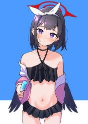 Rule 34 | 1girl, :&lt;, afnroll, bikini, black bikini, black hair, black wings, blue archive, blue background, bow, bow hairband, cowboy shot, food, frilled bikini, frills, front-tie bikini top, front-tie top, hairband, halo, head tilt, highres, holding, holding food, jacket, light blush, looking at viewer, low wings, mashiro (blue archive), mashiro (swimsuit) (blue archive), midriff, navel, off shoulder, official alternate costume, open clothes, open jacket, popsicle, purple eyes, purple jacket, short hair, simple background, solo, standing, swimsuit, two-tone background, white background, white bow, white hairband, winged halo, wings