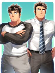 Rule 34 | 2boys, bara, black sleeves, blue eyes, brown hair, collared shirt, crossed arms, eye contact, facial hair, father and son, feet out of frame, genki-kun (tepen), goatee, grey pants, highres, large pectorals, long sideburns, looking at another, male focus, mature male, multiple boys, muscular, muscular male, necktie, original, pants, pectorals, salaryman, shirt, short hair, sideburns, spiked hair, standing, stubble, tepen (tptptpn), thick eyebrows, thighs, tight clothes, tight shirt, track pants, two-tone background