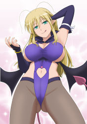 Rule 34 | 1girl, blonde hair, breasts, clothing cutout, demon girl, demon tail, elbow gloves, covered erect nipples, gloves, gluteal fold, green eyes, heart, heart cutout, highres, large breasts, long hair, lotte no omocha!, mercelida ygvar, mature female, naughty face, navel, navel cutout, pantyhose, pink tail, pointy ears, satou chagashi, solo, demon girl, tail, tongue, wings