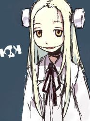Rule 34 | 1girl, black ribbon, blonde hair, bolt, electrodes, franken fran, grey background, hashimoto shin, hong meiling, lab coat, long hair, looking at viewer, madaraki fran, open mouth, orange eyes, parted lips, ribbon, scar, silver hair, simple background, solo, stitches, upper body, wrench, yellow eyes