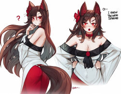 Rule 34 | 1girl, ?, animal ear fluff, animal ears, ass, bare shoulders, blush, breasts, brown hair, choker, cleavage, commentary, cowboy shot, duplicate, ehrrr, english commentary, english text, flower, hair between eyes, hand up, hands on own hips, hibiscus, high heels, imaizumi kagerou, large breasts, long hair, long skirt, long sleeves, looking at viewer, multiple views, nose blush, off-shoulder shirt, off shoulder, pixel-perfect duplicate, red choker, red eyes, red flower, red skirt, shirt, simple background, skirt, standing, tail, touhou, very long hair, white background, white shirt, wolf ears, wolf tail