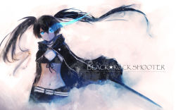 Rule 34 | 10s, 1girl, bikini, bikini top only, black hair, black rock shooter, black rock shooter (character), blue eyes, character name, coat, glowing, glowing eye, glowing eyes, highres, long hair, midriff, navel, shorts, sola7764, solo, swimsuit, sword, twintails, uneven twintails, very long hair, weapon