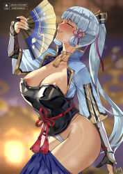 Rule 34 | 1girl, areola slip, arm guards, armor, ayaka (genshin impact), blue eyes, blue hair, blue shirt, blue skirt, blunt bangs, blush, breastplate, breasts, bridal gauntlets, clothes pull, club3, detached sleeves, folding fan, genshin impact, hair ornament, hand fan, japanese armor, jewelry, large breasts, light blue hair, long hair, looking at viewer, neck ring, ponytail, rope, shirt, short sleeves, sidelocks, skirt, skirt pull, smile, solo, tassel