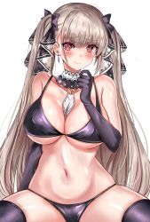 Rule 34 | 1girl, azur lane, bare shoulders, between breasts, bikini, black bikini, black gloves, black thighhighs, blush, breasts, cleavage, closed mouth, collarbone, detached collar, earrings, elbow gloves, formidable (azur lane), gloves, grey hair, hair ribbon, highres, jewelry, kuro (tbm9187), large breasts, long hair, looking at viewer, navel, red eyes, ribbon, simple background, sitting, spread legs, string bikini, swimsuit, thighhighs, twintails, two-tone ribbon, very long hair