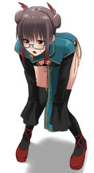 Rule 34 | 1girl, black thighhighs, breasts, brown hair, double bun, downblouse, dress, glasses, gradient hair, green dress, hair bun, hands on own knees, highres, leaning forward, multicolored hair, open mouth, original, red eyes, red footwear, shadow, shoes, short hair, simple background, sleeves past fingers, sleeves past wrists, small breasts, solo, standing, sweatdrop, thighhighs, tonari no kishida, white background
