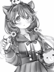 Rule 34 | 1girl, animal ears, bad id, bad pixiv id, blush, buttons, cowboy shot, double-breasted, flower, greyscale, hair between eyes, hair flower, hair ornament, hand up, highres, long sleeves, looking at viewer, low twintails, monochrome, nanashi (nlo), neck ribbon, parted lips, pleated skirt, re:act, ribbon, school uniform, serafuku, shishigami leona, simple background, skirt, solo, twintails, virtual youtuber, white background