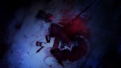 Rule 34 | 1girl, blood, bow, dress, closed eyes, fairy fencer f, frilled sleeves, frills, game cg, impaled, injury, long hair, lying, maid headdress, official art, on side, profile, ribbon, short sleeves, solo, spoilers, sword, tiara (fairy fencer f), tsunako, weapon, white hair, wrist cuffs