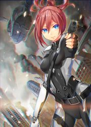 Rule 34 | 1girl, aiming, aiming at viewer, aircraft, bad id, bad twitter id, belt, blue eyes, bodysuit, broken ground, building, chromatic aberration, closed mouth, cyborg, fingerless gloves, floating hair, gloves, gun, hair between eyes, handgun, helicopter, highres, holding, holding gun, holding weapon, joints, long hair, looking at viewer, mecha musume, mechanical arms, muzzle, nonomaro, original, pistol, ponytail, prosthesis, prosthetic arm, red hair, robot joints, shiny clothes, shoulder pads, single mechanical arm, skin tight, smoke, solo, thigh strap, tsurime, turtleneck, weapon