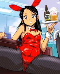 Rule 34 | 2girls, alcohol, animal ears, beer, black hair, black legwear, rabbit ears, commentary request, detached collar, fake animal ears, fishnet legwear, fishnets, hair ornament, hairclip, headband girl (kamisimo 90), indoors, kamisimo 90, long hair, multiple girls, open mouth, original, out of frame, pantyhose, playboy bunny, solo focus, spread legs, tanned girl (kamisimo 90), tray, wrist cuffs