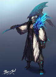 Rule 34 | 10s, 1boy, axe, bad id, bad pixiv id, beard, blade &amp; soul, copyright name, facial hair, glowing, glowing eye, huge weapon, male focus, morry, solo, weapon, white hair