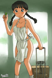 Rule 34 | 00s, 1girl, 2008, apron, artist name, awatake takahiro, blush, braid, character request, copyright request, dated, embarrassed, indoors, luggage, naked apron, solo, tagme, twin braids