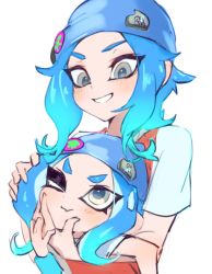 Rule 34 | 2girls, bad id, bad twitter id, badge, beanie, blue hair, blue hat, button badge, dual persona, grey eyes, grin, hand on another&#039;s face, hand on another&#039;s head, hat, highres, humanization, jtveemo, long hair, looking at another, multiple girls, nintendo, octoling, octoling girl, octoling player character, one eye closed, short sleeves, simple background, smile, splatoon (series), splatoon 2, tentacle hair, v-shaped eyebrows, white background, wristband