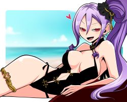Rule 34 | 1girl, absurdres, bare shoulders, beach, black one-piece swimsuit, breasts, clothing cutout, earrings, fate/grand order, fate (series), groin, hair between eyes, hair ornament, hair scrunchie, highres, jewelry, large breasts, long hair, looking at viewer, lying, ocean, on side, one-piece swimsuit, open mouth, partially visible vulva, ponytail, purple hair, red eyes, scrunchie, side ponytail, sidelocks, smug, swimsuit, thighlet, thighs, water, wide hips, wu zetian (fate), wu zetian (swimsuit caster) (fate)