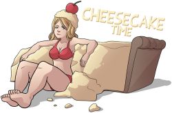 Rule 34 | 1girl, bikini, blonde hair, blue eyes, breasts, cheesecake, cherry, cleavage, english text, feet, food, food on head, fruit, long hair, mary cagle, object on head, original, red bikini, sitting, solo, swimsuit, too literal, transparent background