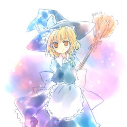 Rule 34 | 1girl, arms behind back, blonde hair, bow, braid, female focus, hair bow, hat, kirisame marisa, large bow, lowres, orange eyes, side braid, smile, solo, standing, torii sumi, touhou, witch, witch hat