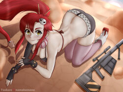 Rule 34 | 1girl, absurdres, all fours, anti-materiel rifle, asymmetrical gloves, belt, bikini, bikini top only, black gloves, black shorts, boota (ttgl), boots, breasts, butt crack, cleavage, closed mouth, desert, ear piercing, earrings, elbow gloves, fingerless gloves, flame print, floating hair, full body, gloves, gun, hair ornament, high ponytail, highres, jewelry, large breasts, long hair, looking at viewer, mixed-language commentary, outdoors, piercing, pink thighhighs, ponytail, red hair, red nails, rifle, sand, scarf, short shorts, shorts, sidelocks, single elbow glove, skull hair ornament, smile, sniper rifle, spiked belt, swimsuit, tengen toppa gurren lagann, thighhighs, tsukare (ttsukae), uneven gloves, very long hair, weapon, white belt, yellow eyes, yoko littner