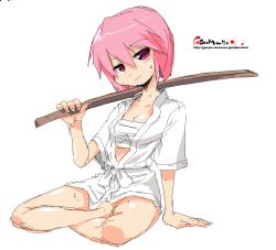 Rule 34 | bokken, oekaki, onija tarou, pink eyes, pink hair, sarashi, short hair, solo, sweat, sword, weapon, wooden sword