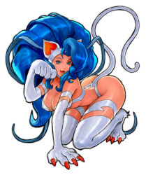 Rule 34 | 1girl, absurdres, all fours, animal ears, animal hands, antenna hair, ass, big hair, blue hair, body fur, breasts, cat ears, cat tail, claws, cleavage, commentary, digitigrade, english commentary, fangs, felicia (vampire), fringe trim, highres, kim sung hwan, large breasts, lips, nail polish, narrow waist, paw pose, red nails, slit pupils, solo, tail, vampire (game), white fur