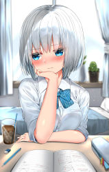 Rule 34 | 1girl, bed, blue bow, blue eyes, blurry, blurry background, blush, bow, breasts, cactus, closed mouth, collared shirt, commentary request, cup, curtains, day, depth of field, diagonal stripes, dress shirt, drink, drinking glass, drinking straw, head rest, highres, ice, ice cube, indoors, looking away, looking to the side, medium breasts, neku (neku draw), nose blush, original, pillow, plant, potted plant, school uniform, shirt, short hair, short sleeves, silver hair, solo, striped, striped bow, upper body, white shirt, window