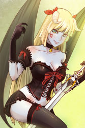 Rule 34 | 1girl, bare shoulders, bell, blonde hair, blunt bangs, bow, breasts, cleavage, collar, corset, demon girl, green eyes, horns, large breasts, long hair, lowres, navel, neck bell, pleated skirt, ribbon, skirt, solo, sword, sword girls, tattoo, weapon