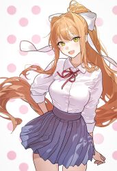 1girl arm_behind_back blue_skirt blush breasts brown_hair collared_shirt cowboy_shot doki_doki_literature_club hair_ribbon high_ponytail highres long_hair long_sleeves looking_at_viewer medium_breasts monika_(doki_doki_literature_club) neck_ribbon no_jacket open_mouth pleated_skirt polka_dot polka_dot_background red_ribbon ribbon school_uniform shirt shirt_tucked_in sidelocks skirt smile solo standing white_background white_ribbon white_shirt yellow_eyes yuna_4568