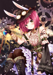 Rule 34 | 1girl, animal ears, arm garter, black footwear, black gloves, black pantyhose, blouse, blush, boater hat, boots, closed mouth, detached sleeves, fingerless gloves, frills, gears, gloves, goggles, goggles on headwear, hair between eyes, knee boots, knees together feet apart, light smile, looking at viewer, nogi takayoshi, original, pantyhose, pouch, purple hair, rabbit ears, shirt, short hair, sitting, skirt, smile, solo, steampunk, vest, white shirt, white skirt, yellow eyes