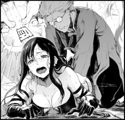 Rule 34 | 1boy, 1girl, black hair, breasts, chinese clothes, cleavage, elbow gloves, fate/grand order, fate (series), glasses, gloves, greyscale, li shuwen (fate), li shuwen (old) (fate), long hair, lying, massage, monochrome, old, old man, open mouth, short hair, sunglasses, sweat, syatey, yu mei-ren (fate)