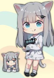 Rule 34 | 1girl, :q, absurdres, animal ears, black footwear, blue eyes, cat ears, cat girl, cat tail, chibi, closed mouth, commentary request, dress, grey hair, hair ornament, hairclip, highres, indie virtual youtuber, long hair, long sleeves, miaoema, multiple views, nachoneko, sleeves past fingers, sleeves past wrists, slippers, smile, socks, standing, striped clothes, striped legwear, striped socks, tail, tongue, tongue out, virtual youtuber, white dress