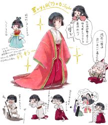 Rule 34 | 6+girls, @ @, aged down, black hair, bow, crowd, exhausted, fujiwara no mokou, fujiwara no mokou (young), hair bow, highres, holding, holding behind back, houraisan kaguya, indian style, japanese clothes, kimono, long hair, mokoiscat, multiple girls, short hair, sitting, sparkle, torn clothes, touhou, translation request, very long hair, white hair