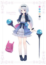 Rule 34 | 1girl, bad id, bad pixiv id, bag, black bow, black footwear, black hairband, blue capelet, blue eyes, blue flower, blush, border, bow, bracelet, capelet, character name, character sheet, closed mouth, color guide, english text, fantasy, flower, frills, gem, grey hair, hairband, highres, holding, holding staff, jewelry, lama 064, long hair, necklace, original, pink bag, ponytail, smile, socks, solo, staff, standing, white bow