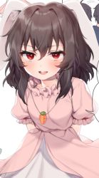 Rule 34 | 1girl, :d, animal ears, arms behind back, black hair, blush, buck teeth, carrot necklace, commentary request, cowboy shot, dress, frills, hair between eyes, hair intakes, hajin, inaba tewi, jewelry, long hair, looking at viewer, necklace, open mouth, pink dress, puffy short sleeves, puffy sleeves, rabbit ears, red eyes, short sleeves, simple background, smile, solo, speech bubble, teeth, touhou, white background